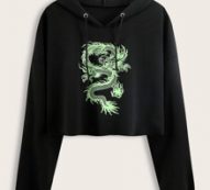Dragon Print Drawstring Crop Hoodie