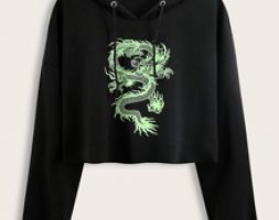 Dragon Print Drawstring Crop Hoodie