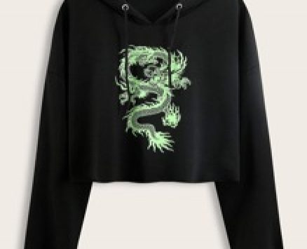 Dragon Print Drawstring Crop Hoodie