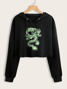 Dragon Print Drawstring Crop Hoodie