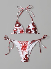 Dragon Print Halter Tie Side Bikini Swimsuit