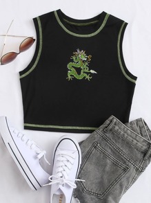 Dragon Print Topstitching Tank Top