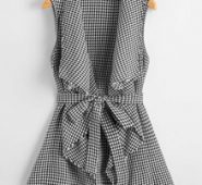 Drape Collar Self Belted Houndstooth Vest