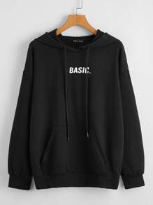 Drawstring Detail Drop Shoulder Letter Graphic Hoodie