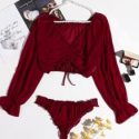 Drawstring Front Chiffon Lingerie Set