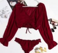 Drawstring Front Chiffon Lingerie Set