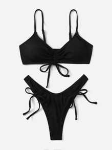 Drawstring Front High Cut Bikini Swimsuit