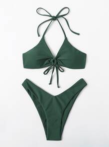 Drawstring Front High Leg Bikini Swimsuit