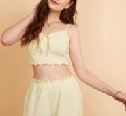 Drawstring Front Lettuce Edge Cami Top and Shorts Set