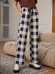 Drawstring Waist Plaid Pants