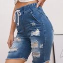 Drawstring Waist Raw Hem Ripped Denim Shorts