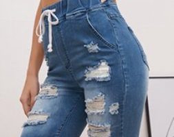 Drawstring Waist Raw Hem Ripped Denim Shorts