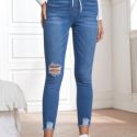 Drawstring Waist Ripped Raw Cut Skinny Jeans