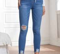 Drawstring Waist Ripped Raw Cut Skinny Jeans