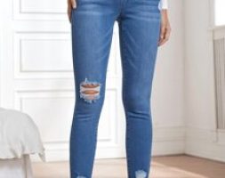 Drawstring Waist Ripped Raw Cut Skinny Jeans