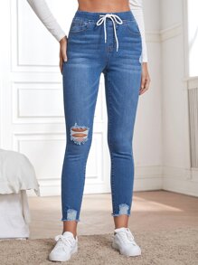 Drawstring Waist Ripped Raw Cut Skinny Jeans