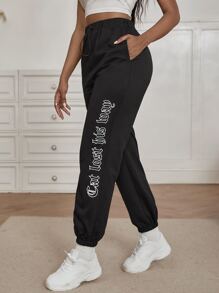 Drawstring Waist Slogan Graphic Sweatpants