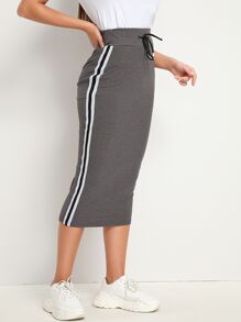 Drawstring Waist Striped Tape Side Rib-knit Skirt