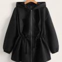 Drawstring Waist Zip Up Hooded Coat