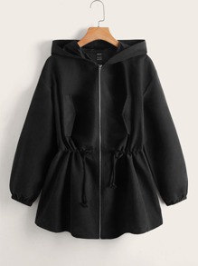 Drawstring Waist Zip Up Hooded Coat