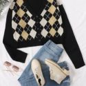 Drop Shoulder Button Front Argyle Cardigan