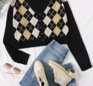 Drop Shoulder Button Front Argyle Cardigan