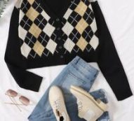 Drop Shoulder Button Front Argyle Cardigan