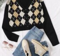 Drop Shoulder Button Front Argyle Cardigan