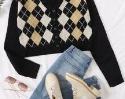 Drop Shoulder Button Front Argyle Cardigan