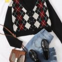 Drop Shoulder Button Front Argyle Cardigan