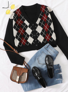 Drop Shoulder Button Front Argyle Cardigan