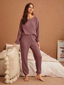 Drop Shoulder Waffle Knit Lounge Set