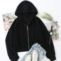 Drop Shoulder Zip Up Drawstring Hoodie