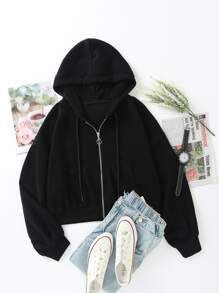 Drop Shoulder Zip Up Drawstring Hoodie