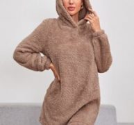 Ear Detail Hooded Teddy Sweatshirt Dress