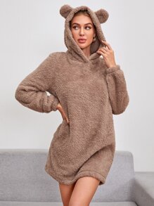 Ear Detail Hooded Teddy Sweatshirt Dress