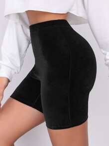 Elastic Waist Velvet Biker Shorts