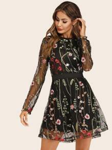 Embroidered Mesh Overlay Dress