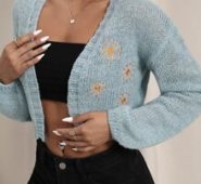 Embroidery Drop Shoulder Crop Cardigan