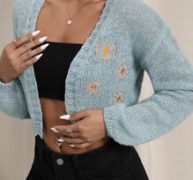 Embroidery Drop Shoulder Crop Cardigan