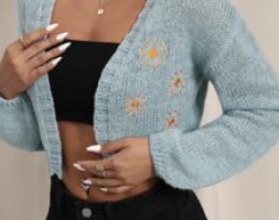 Embroidery Drop Shoulder Crop Cardigan