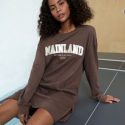 Embroidery Letter Drop Shoulder Zipper Hem Sweatshirt Dress