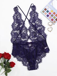 Eyelash Floral Lace Plunging Teddy Bodysuit