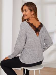 Eyelash Lace Trim Drop Shoulder Sweater