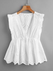 Eyelet Embroidered Scallop Ruffle Hem Top