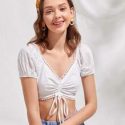 Eyelet Embroidery Drawstring Crop Top