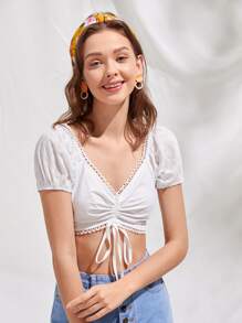 Eyelet Embroidery Drawstring Crop Top