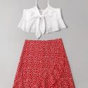 Eyelet Embroidery Knot Cami & Ditsy Floral Ruffle Hem Skirt