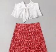 Eyelet Embroidery Knot Cami & Ditsy Floral Ruffle Hem Skirt