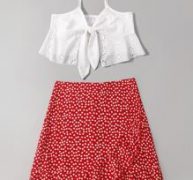 Eyelet Embroidery Knot Cami & Ditsy Floral Ruffle Hem Skirt